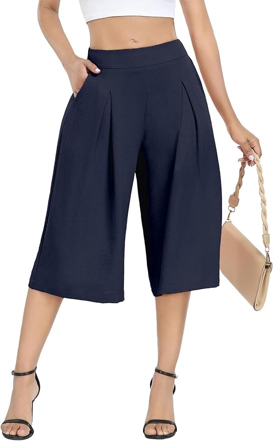 DILIUXING Women's Wide Leg Lounge Capri Pants with Pockets Lightweight High Waisted Loose Trouser