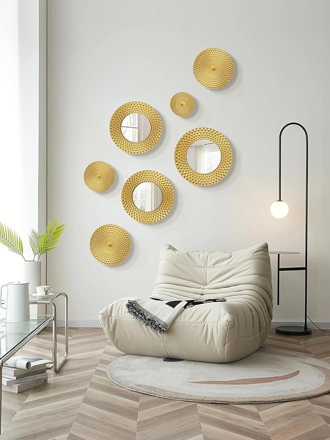TEIPAI Gold Mirror Wall Decor for Living Room Porch Hallway, 7PCS Gold Metal Wall Art for Bedroom Decoration, Mandala Boho Decor for Office Dining Room Apartment New Home Gift