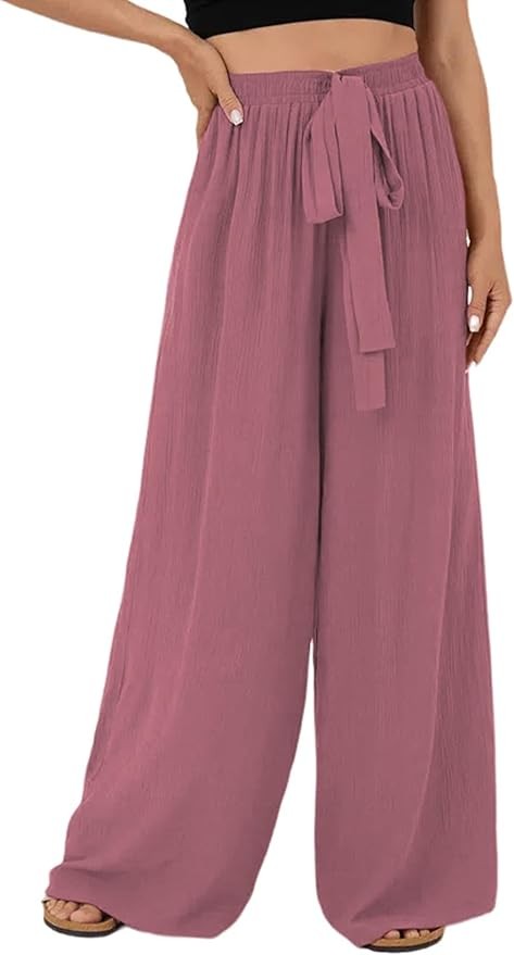 Dokotoo Womens Elastic High Waist Wide Leg Pants Flowy Casual Loose Slant Pocket Spring Summer Solid Trousers